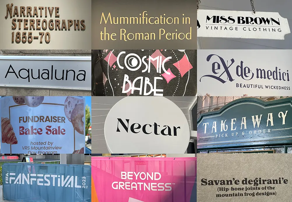 Twelve reference photos of various signs, books, and other lettering